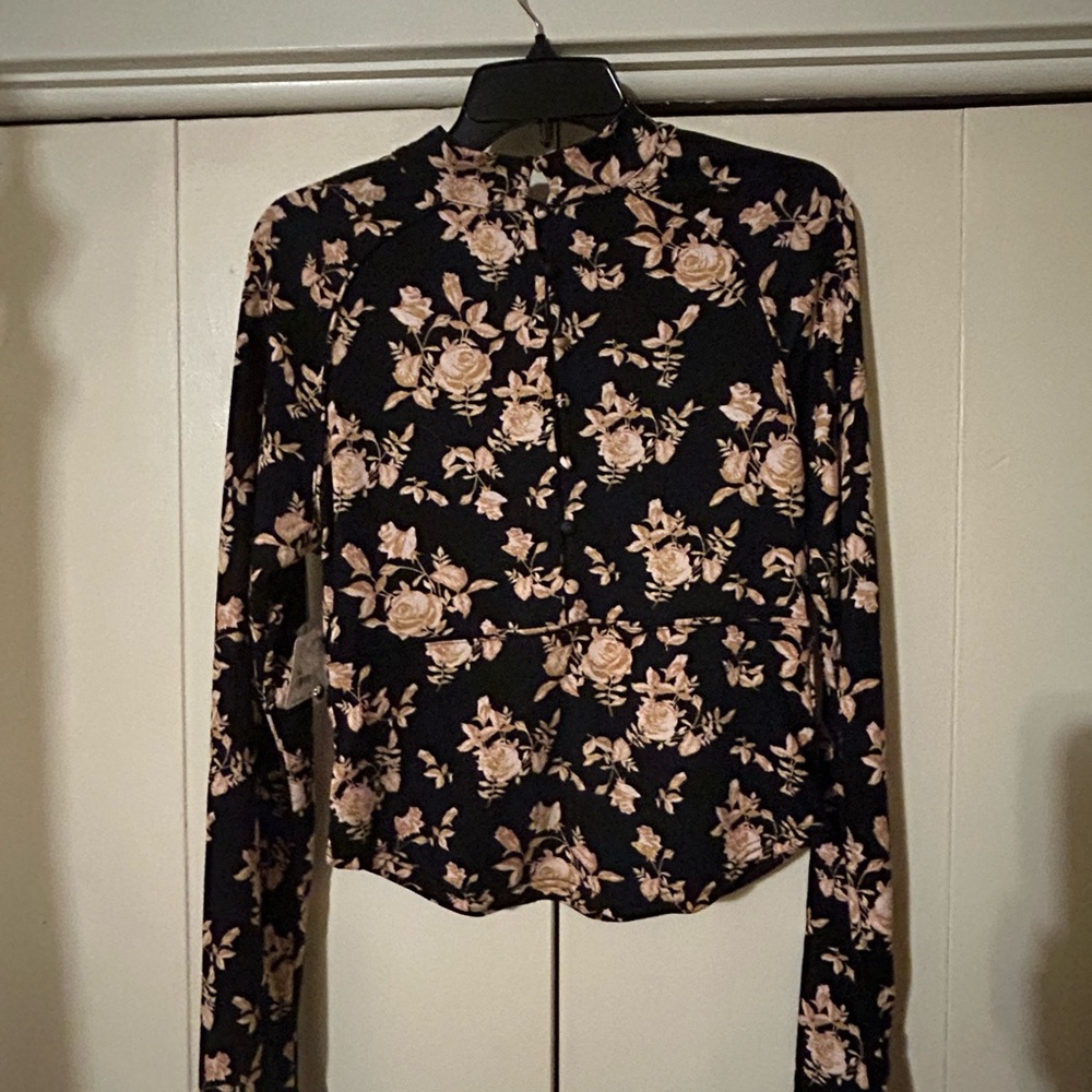Fitted Black and Orange Blouse with Mandarin Collar